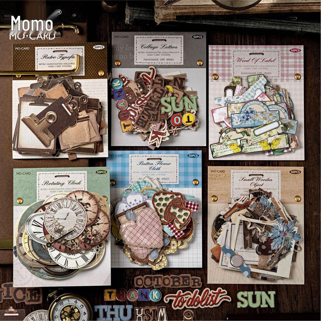 MòMòBái Retro Kraft Paper Stickers: Handmade Decorative Collage in 6 Styles