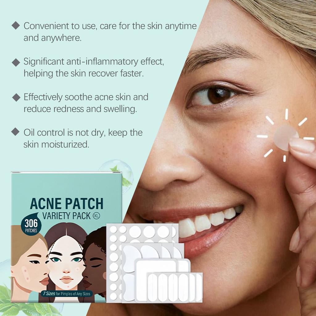 Balíček různých náplastí na akné, různé tvary náplastí na akné, náplasti na akné, snižují zarudnutí a otoky, kontrolují mastnotu a bojují proti akné, 306 náplastí