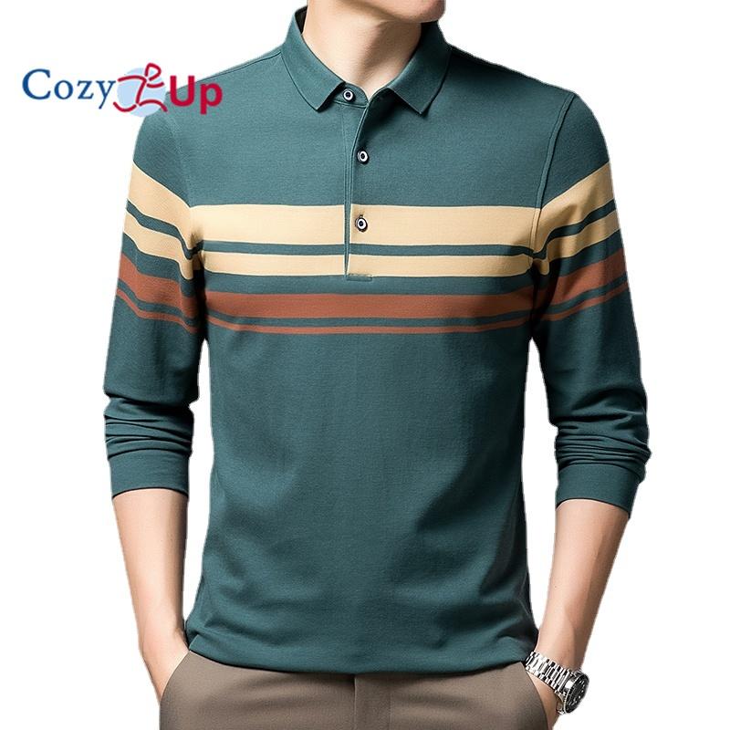 

Уютная мужская хлопковая рубашка-поло в широкую полоску с длинным рукавом для регби