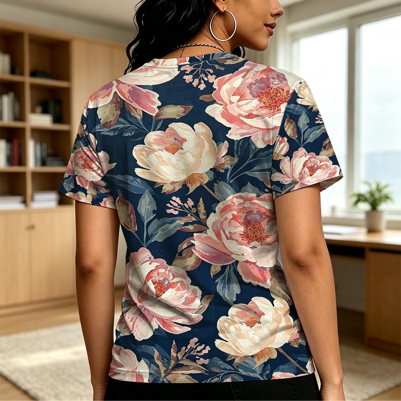 Elegant Floral Short Sleeve Tops Soft Fabric,Relaxed Fit for Daily Wear,Casual Vacations & Light Sports