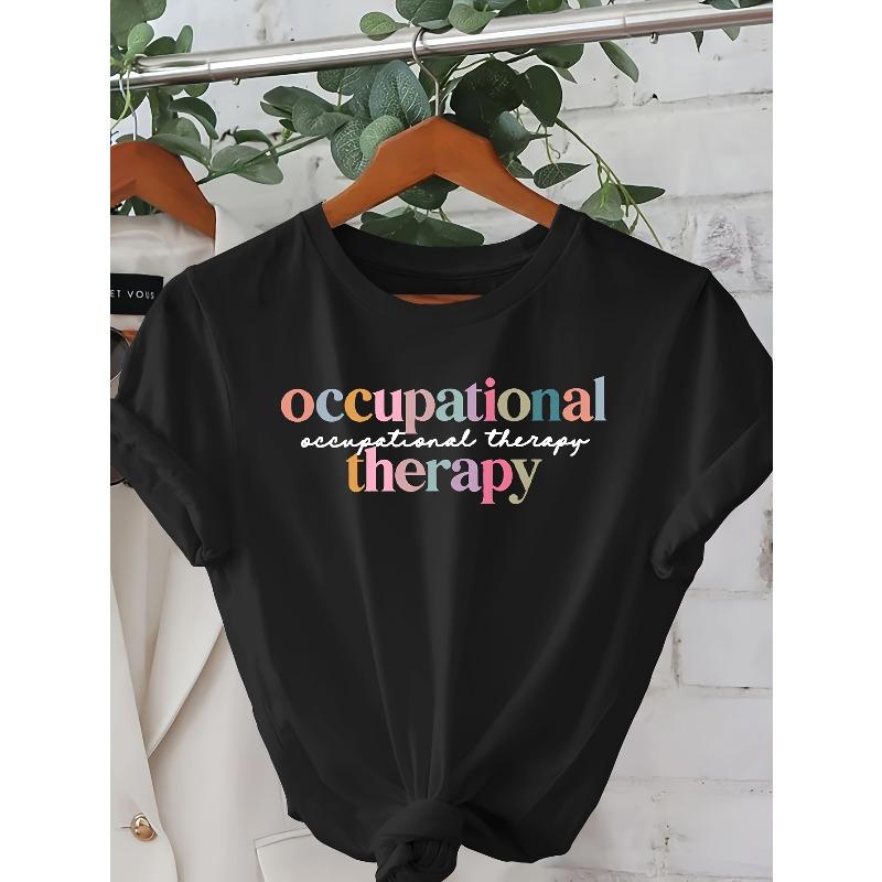 

Женская повседневная футболка с графическим принтом Эрготерапия - Короткий рукав, круглый вырез, светло-голубая, летний и весенний топ с мультяшным принтом, S чёрный