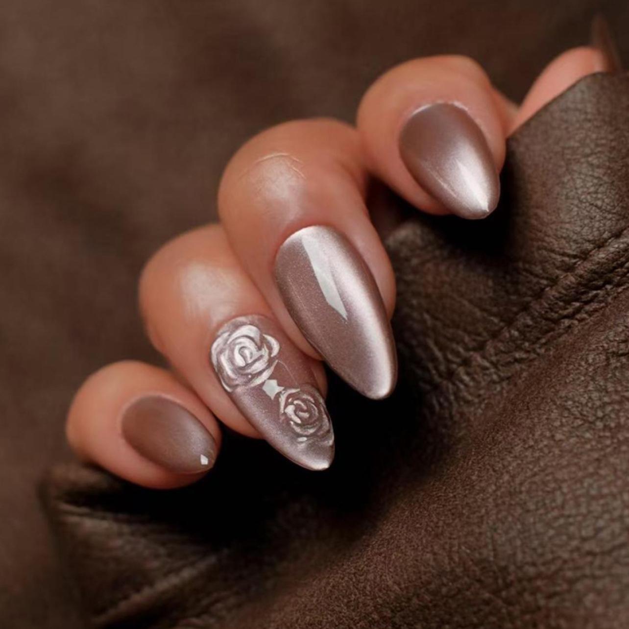 

BEPAN 24pcs 3D Rose Brown Cat Eyes Press on Nails Simple Nails Full Cover Wearable False Nails