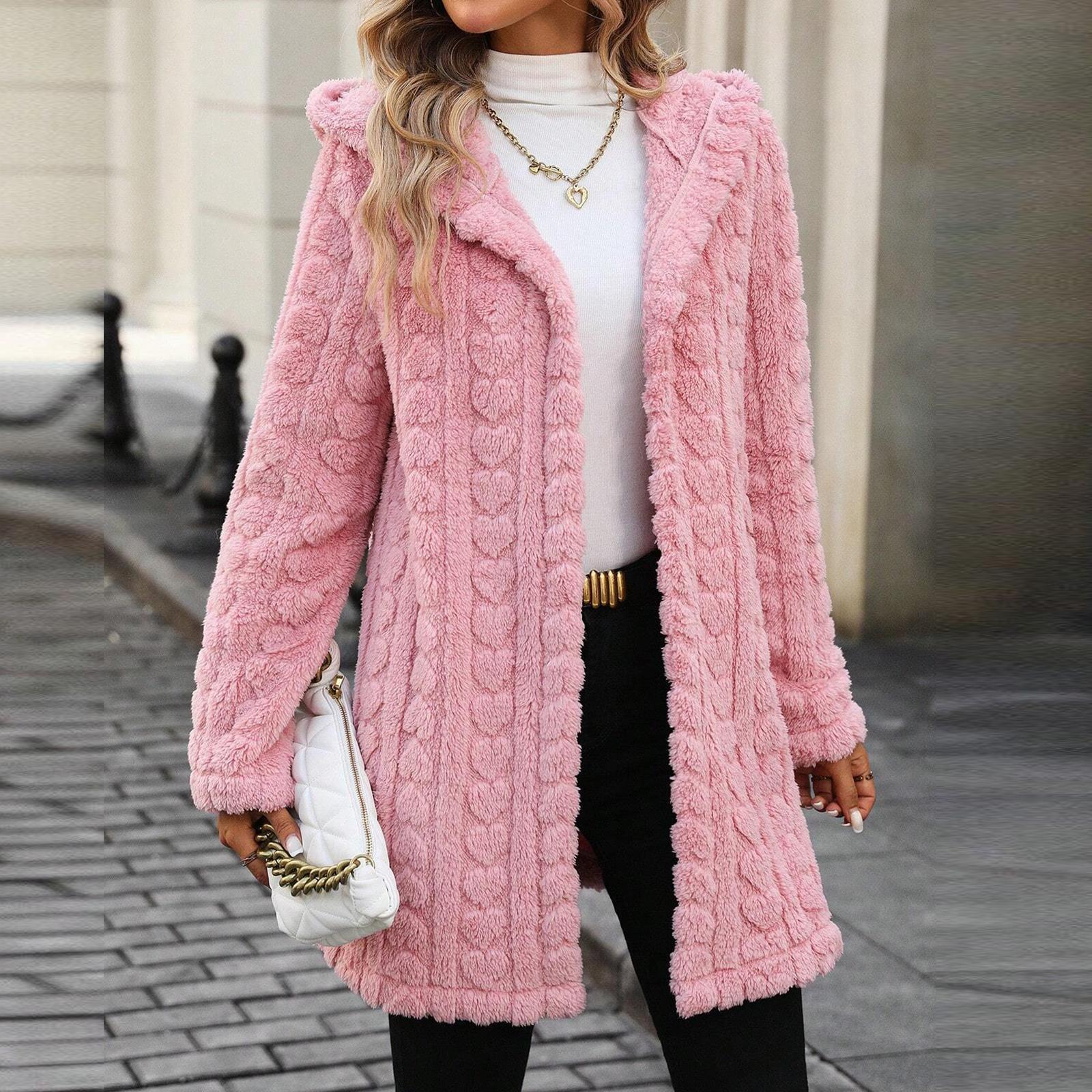 

Женский модный двусторонний флисовый кардиган с капюшоном средней длины без пуговиц, повседневная куртка L розовый