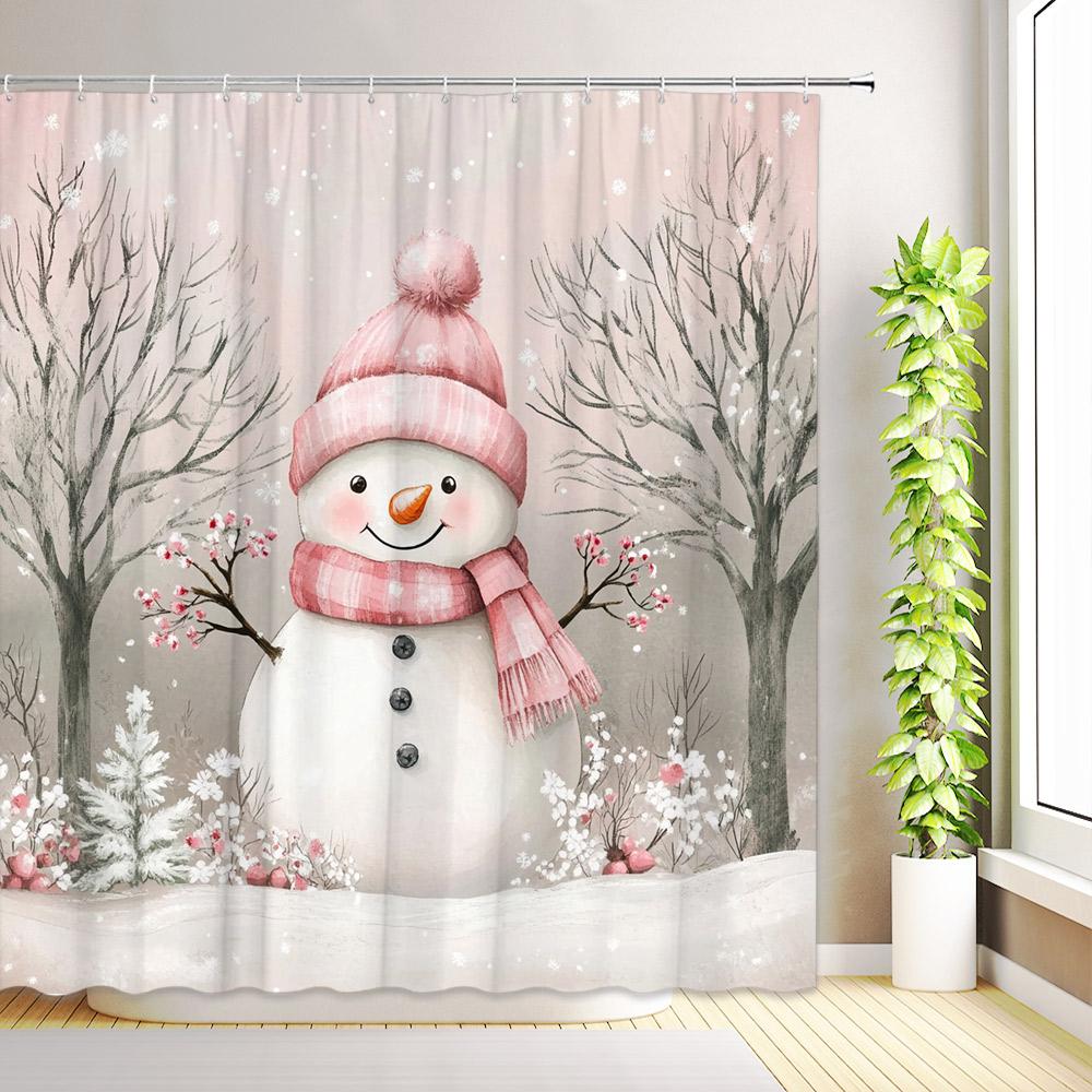 Winter Christmas Shower Curtain Pink Xmas Tree Snowman Santa Claus Snowflake New Year Bath Curtains Bathroom Decor with Hooks