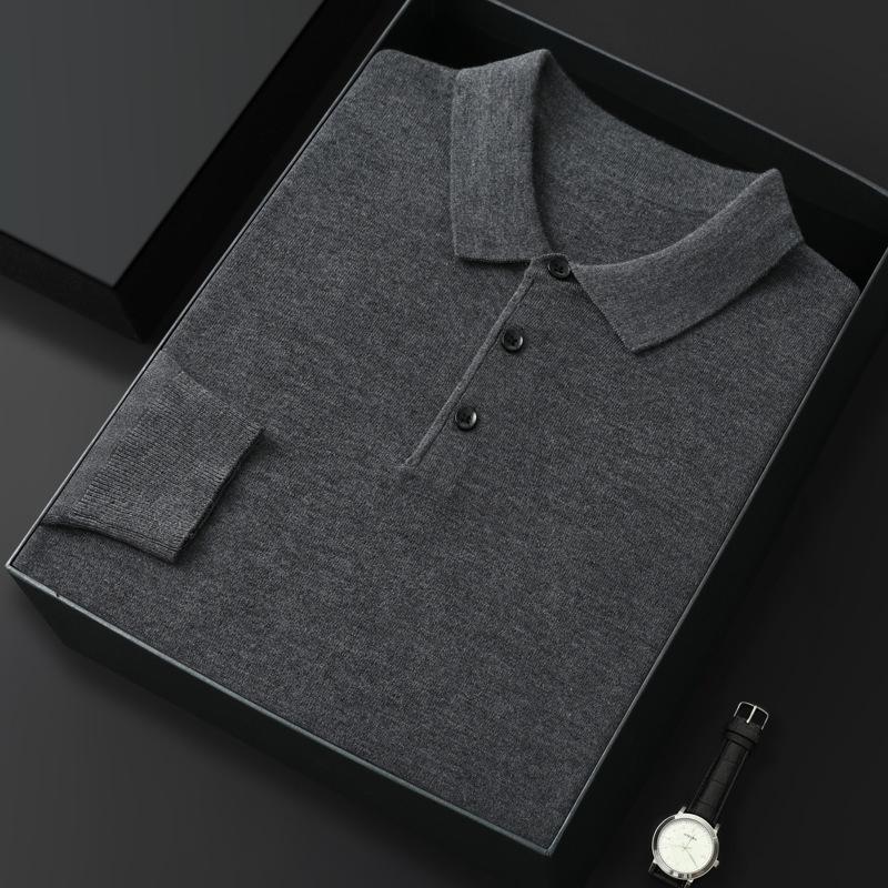 Men's Spring and Autumn Casual Polo Collar Long-sleeved Knit Shirt Solid Color Loose Business Pullover Tops