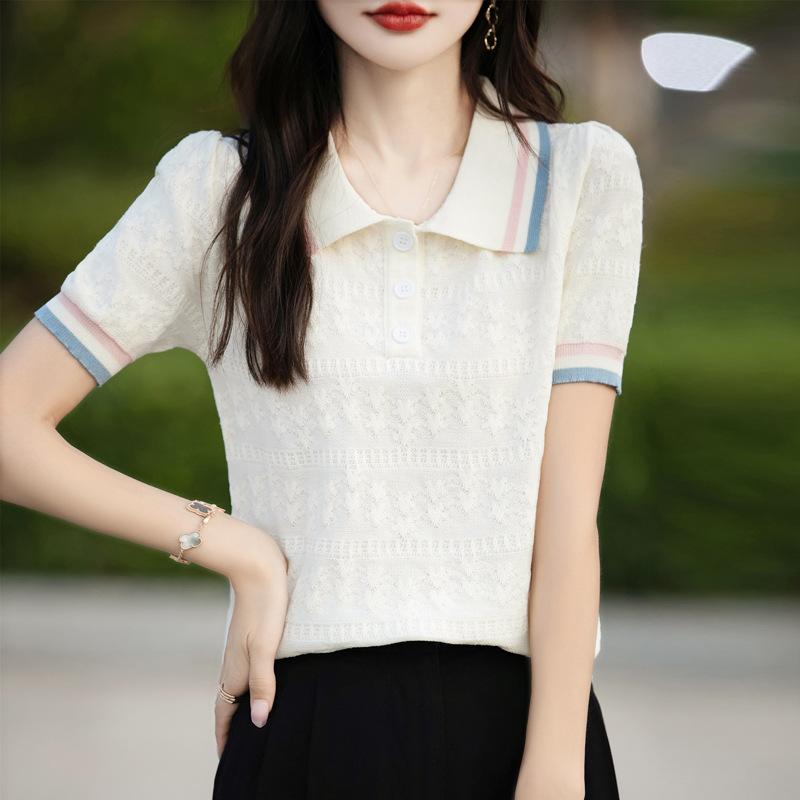 POLO Neck Contrast Color Short-sleeved T-shirt for Women In Summer New Fashionable Age-reducing Thin Temperament Versatile Knitted Top