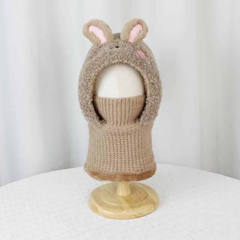 Childrens Plush Bunny Eared Knit Hat With Face Mask For Winter Warmth And Windproof Protection хаки