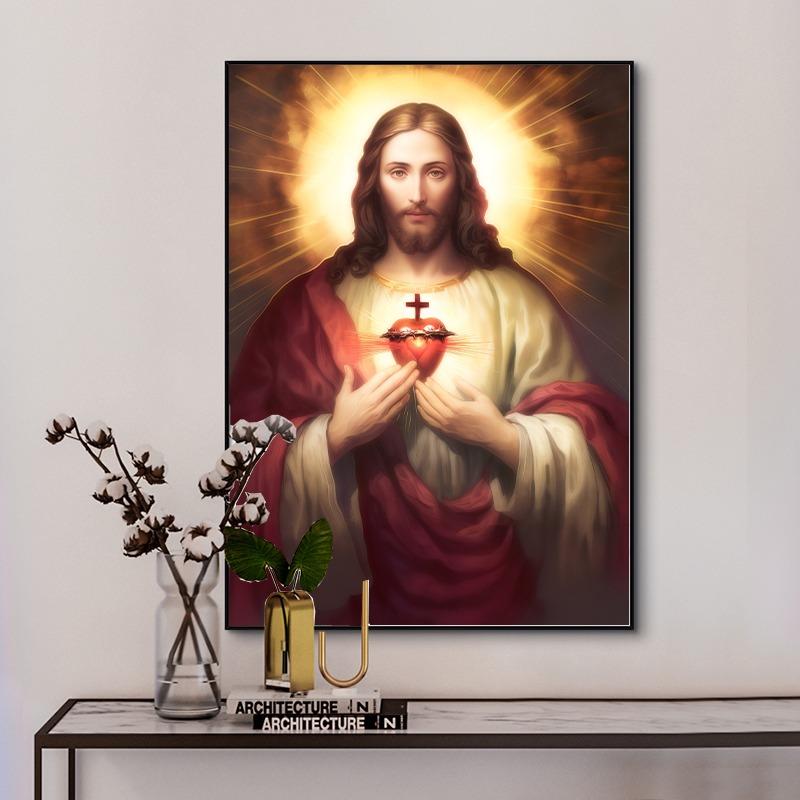 Lamb of God and Cross Scared Heart of Jesus Poster Christian Religion Canvas Painting Wall Art  Picture for Room Home Decor