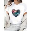 European Size Women's White Tropical Palm Tree & Hibiscus Print T-Shirt - Short Sleeve Hawaiian Beach Shirt with Turquoise Heart Cutout