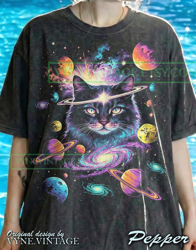 Vintage Space Cat Comfort Colors® Tshirt, Galaxy Kitten Tees, Retro Celestial Sweater, Sci-Fi Y2K Tanktop, Planet Gift Faded Streetwear
