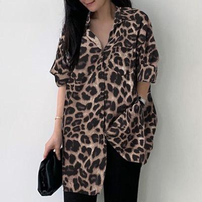 Women Turn Down Collar Long Sleeve Leopard Printed Shirt Spring Summer Loose Casual Blouse Tops