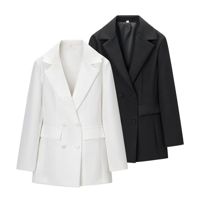 2025 Women's Fashion Double-Breasted Black & White Waist-Cinching Suit Jacket