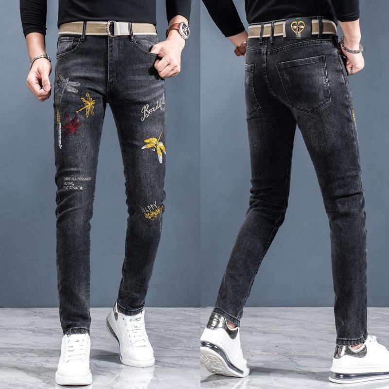 2024 Jaro A Podzim Nový Trend Džínové Elastické Výšivka Slim Rovná Trubka Vysoká Kvalita Pánské Ležérní Džínové Kalhoty