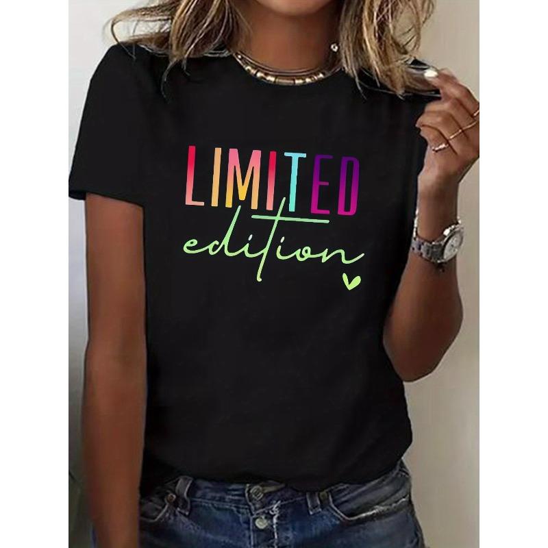 

European sizes Limited Edition Printed Short Sleeve T-Shirt, Round Neck Comfort Fit, Slightly Loose, Plus Size Women s Sporty Casual Tee 4XL чорний