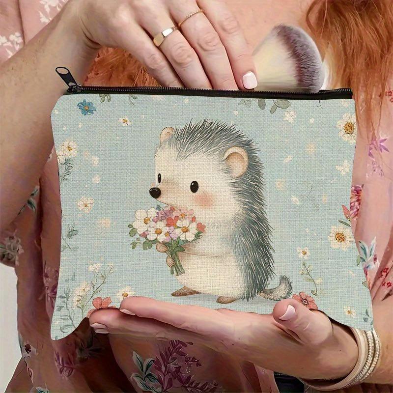 Cute Hedgehog & Floral Design Pouch Lightweight Foldable Travel Cosmetic Bag Zippered Makeup Organizer for Women Toiletry Bags