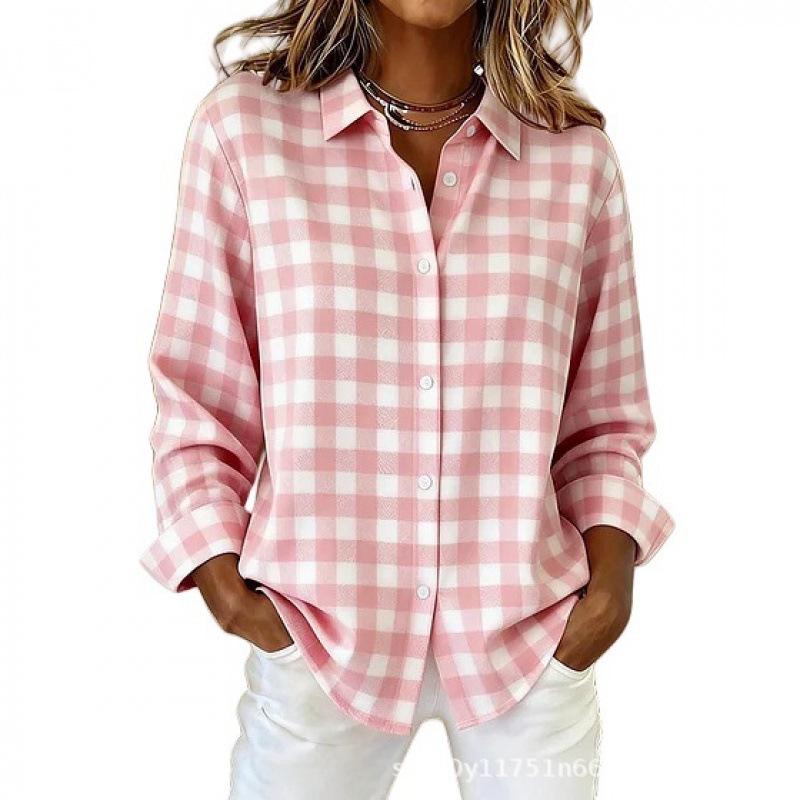 Women's Long-Sleeve Pink Floral Plaid Shirt - 3D Print Versatile Top