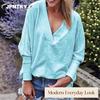 JPNTKY Women's Fashion Casual Solid Color Print Long Sleeve V Neck Blouses & Shirts