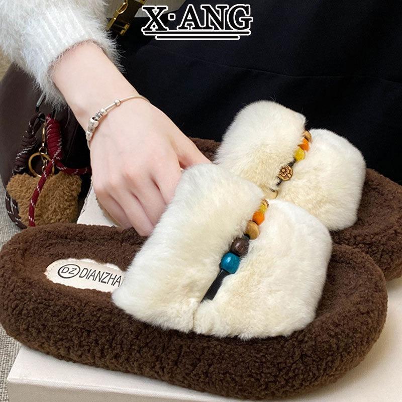 High-end real rabbit fluffy slippers women wear autumn and winter new fluffy cotton slippers thick-soled fluffy shoes