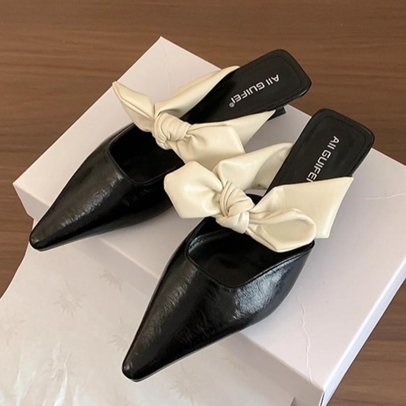 Fashion Sweet Butterfly-knot Low-heeled Slippers Women Elegant Pointed Toe Slingback Slide Sandals Comfort Concise Designer Office Shoes