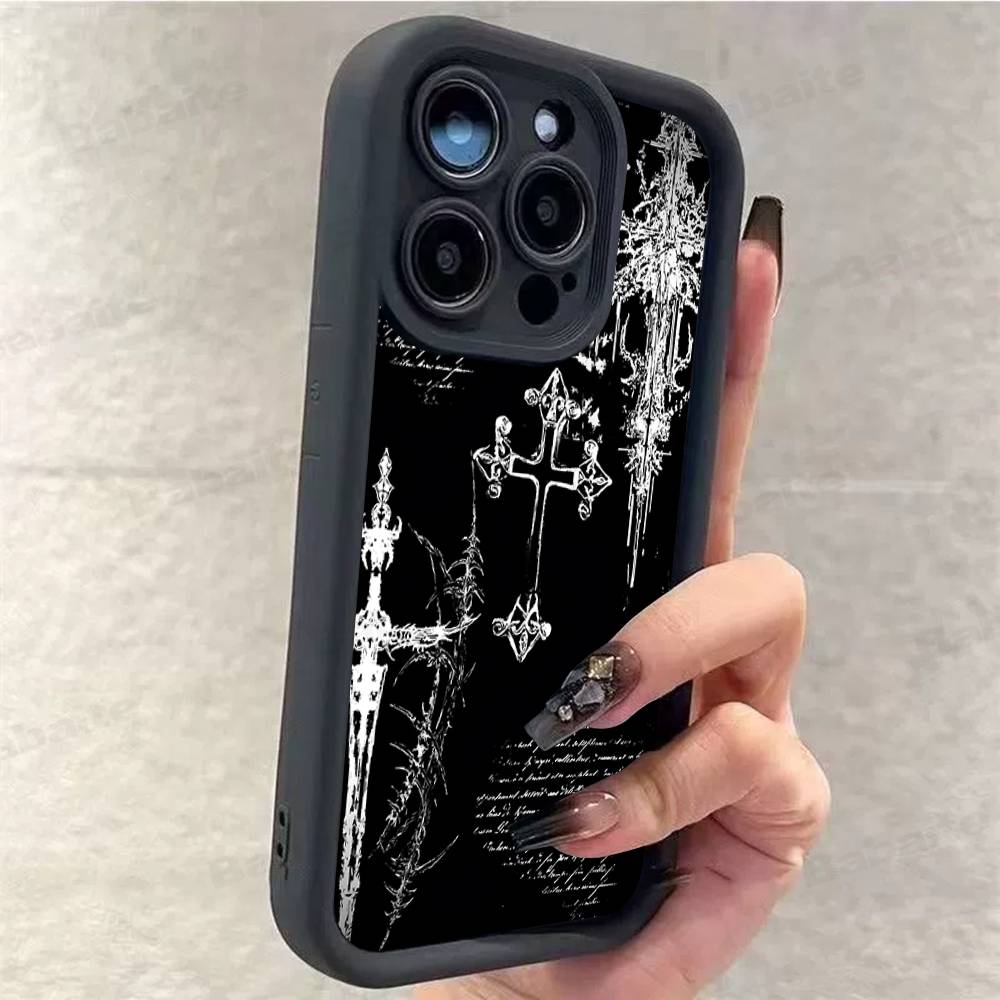 Gothic Cyber Sigil Cross Phone Case For iPhone 17 16 15 14 13 12 11 Pro Max 16E Plus INS Soft Cover