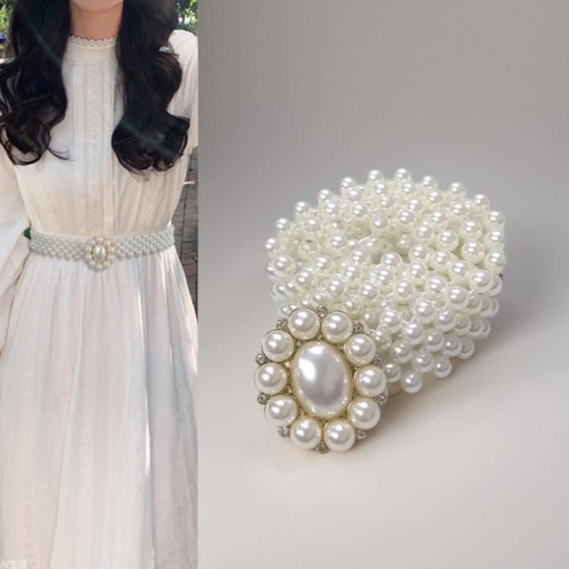 Nytt Perle Dame Stretchbelte Dame Skjørt Kjole Elastisk Innstrammende Slankende Kjede Damestil