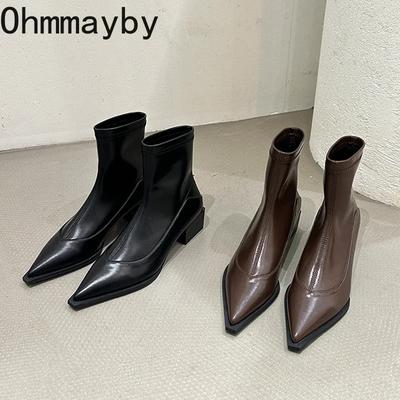 Vintage Pointed Toe Women Ankle Boots Fashion Elegant Soft Leather Shoes Autumn Winter Low Heel Women's Short Booties