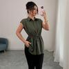 Fashionable Loose-fitting Fitted Single-button Solid-color Polo-neck Women's Short-sleeved Top