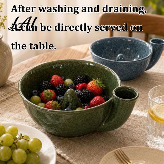 Manual Berry Washer Self-Spinning Colander Bowl with Holes Ceramic Vortex Rinsing Efficient Fruit Washing Spout Strainer Cleaner for And Vegetable