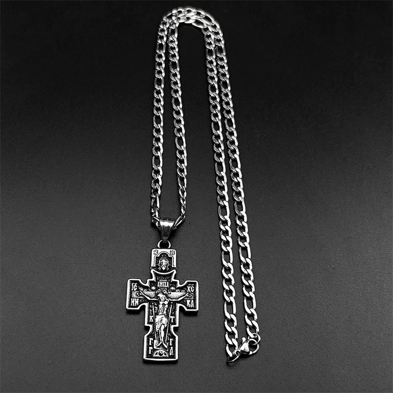 Collar Colgante Cruz Icono Ortodoxo Vintage Crucifijo de Jesús para Mujeres Hombres Cadena de Acero Inoxidable Color Plata Collares Joyería