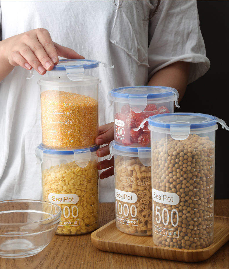 Sealed Kitchen Food Storage Canisters Transparent Large Capacity Grain Fresh Preservation Box with Scale Plastic