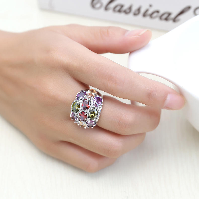 SODROV Rainbow Jewelry Colorful Crystal Zircon Rings for Women Wedding Engagement Flower Ring
