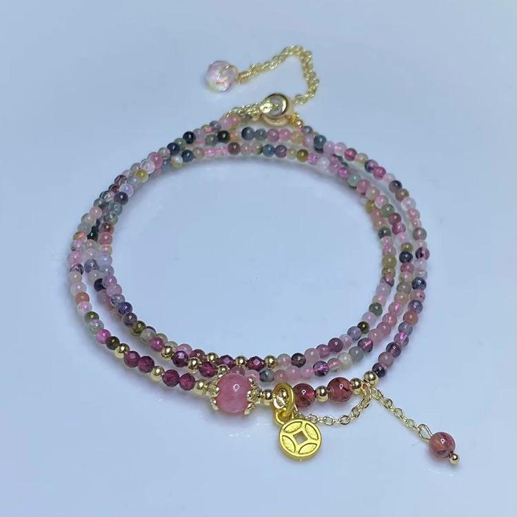 Rose stone, garnet, Brazilian tourmaline, gemstone rainbow stone three-circle bracelet bracelet.