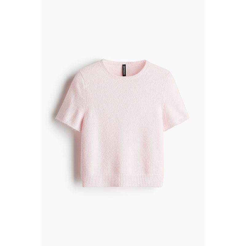 

HM Women s Clothing Wool Knitwear 2025 Autumn New Arrival round Neck Fashion Casual Silm Elegant Short Sleeve T-shirt 1262821 Light pink 160/88(S)