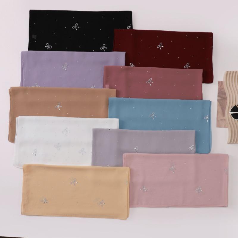 Simple Solid Color Star Bow Rhinestone Chiffon Square Scarf For Women