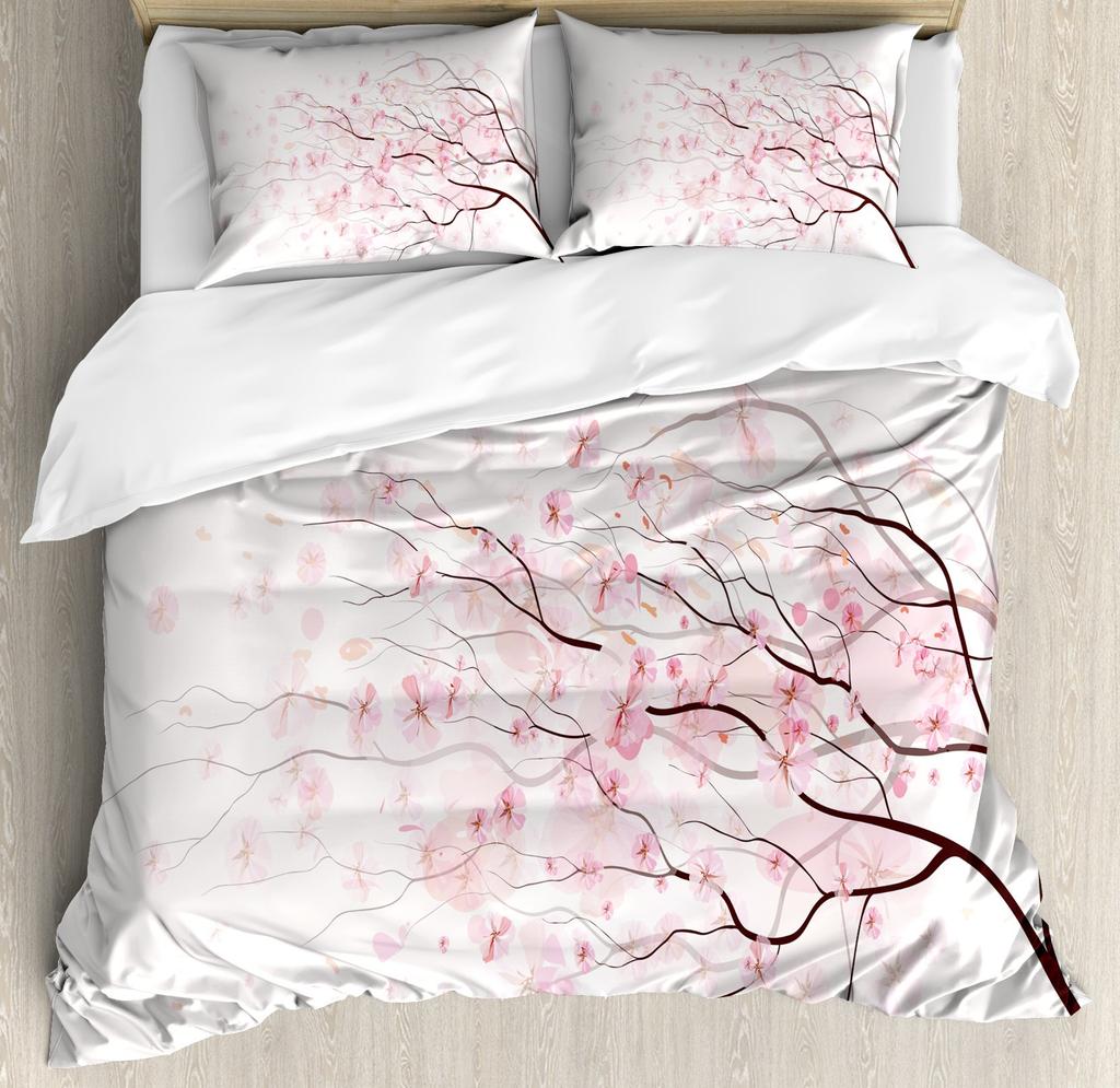 Japanese Duvet Cover Set,Branch Of A Flourishing Sakura Tree Flower Cherry Blossoms Spring Theme Art Japan Bedding Set Full Size