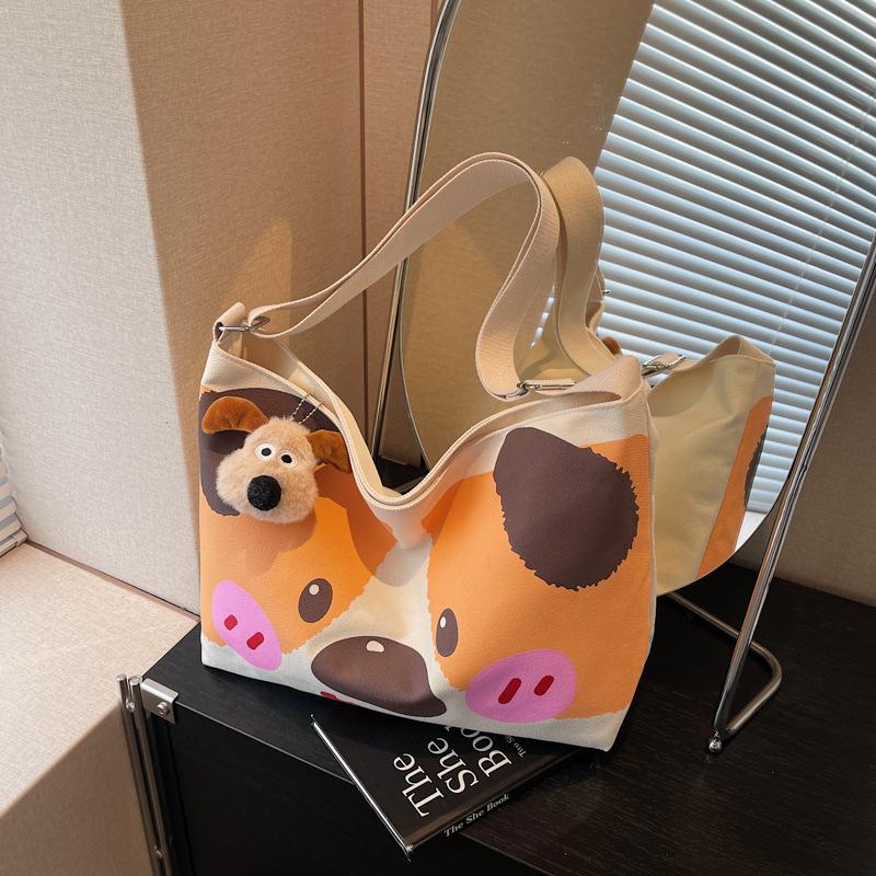 Canvas Bag Women's Large-capacity New Summer Casual Shoulder Bag Cartoon College Student Class Tote Bag