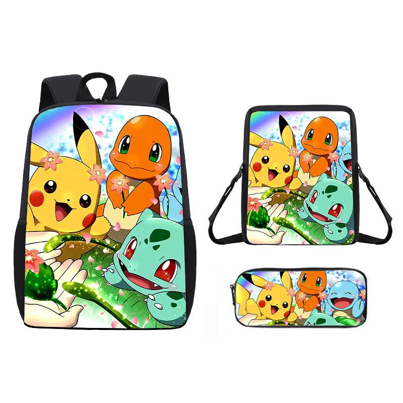 Pattern Backpack Pikachu Shoulder Bag Pencil Case Three Piece Set