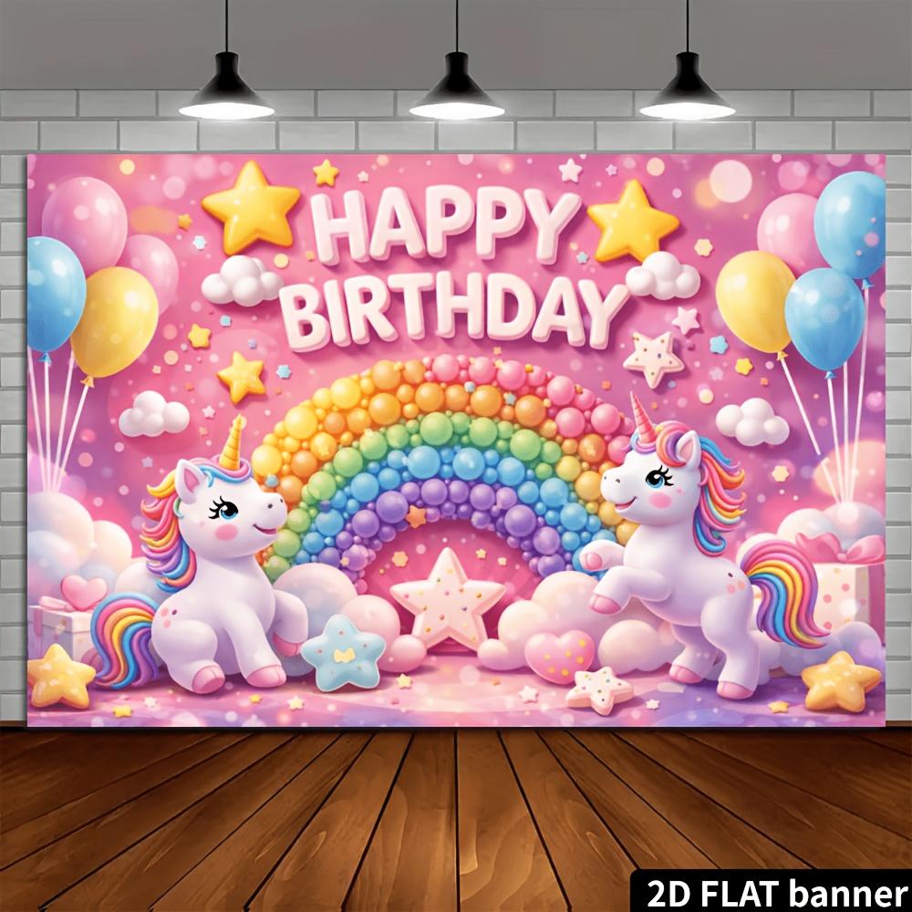 2D flat unicorn candy rainbow birthday background pink background happy birthday theme