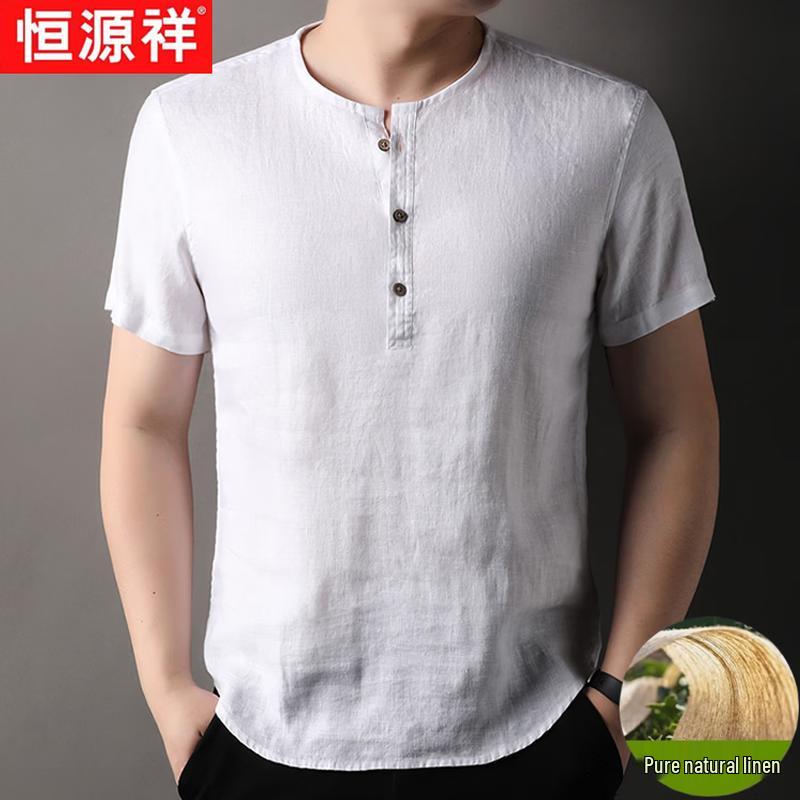 Hengyuanxiang Men s 100% Linen Breathable Short-Sleeve Stand Collar T-Shirt 2XL