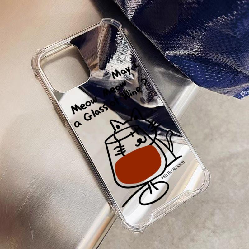 Red Wine Cat Pattern Mirror Acrylic Phone Case For Samsung Galaxy S25 S24 S23 S22 Ultra Plus FE A06 A14 A23 A36 A55 A56 Cover