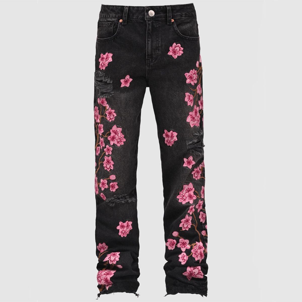 

GLYDE Streetwear Gothic Cherry Blossom Embroidered Jeans Y2K Clothing Men Women Hip Hop Vintage Baggy Jeans Low Rise Wide Leg Trousers S