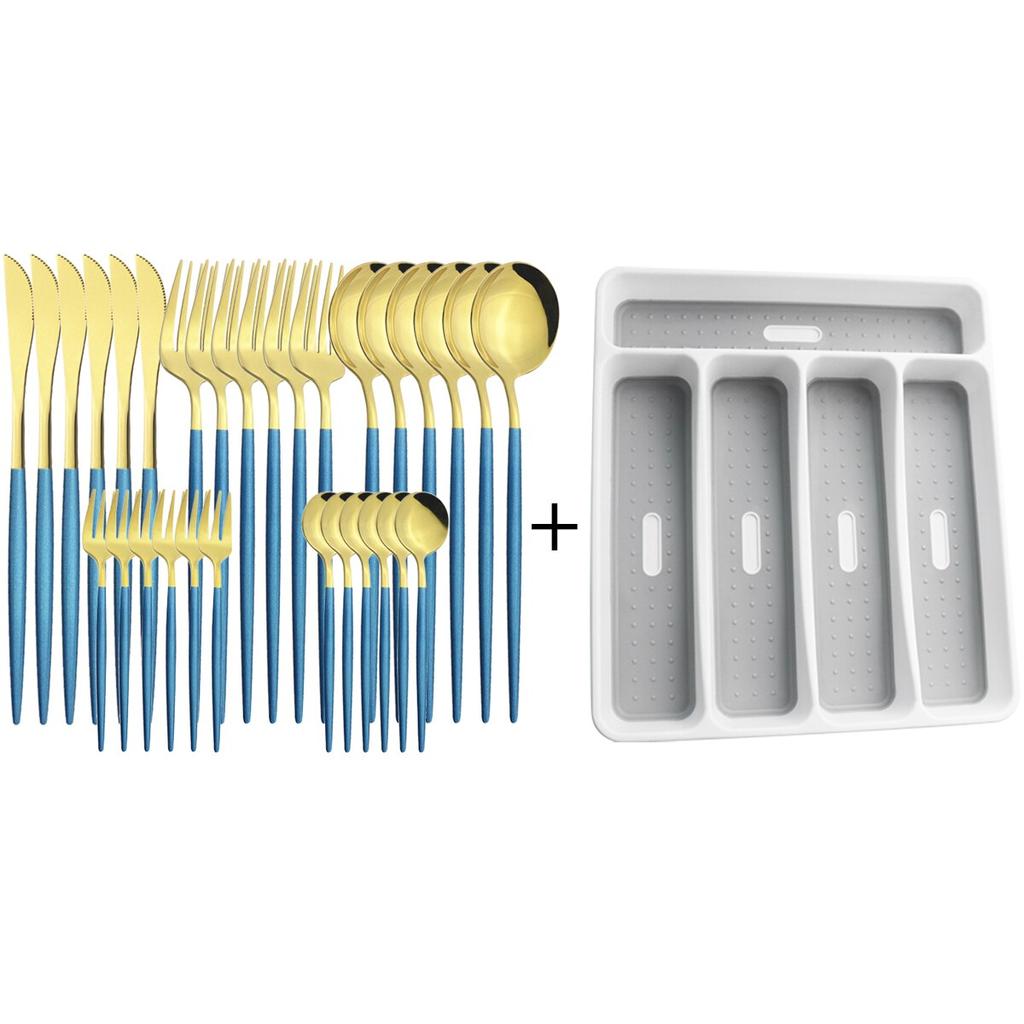 30pcs Gold Dinnerware Set Stainless Steel Tableware Set Knife Cake Fork Spoons Cutlery Set Plastic Storage Tray Kitchen Flatware