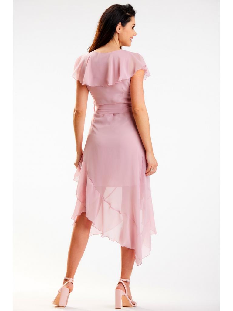 Asymmetrical Chiffon Dress with Ruffles, Powder Pink S
