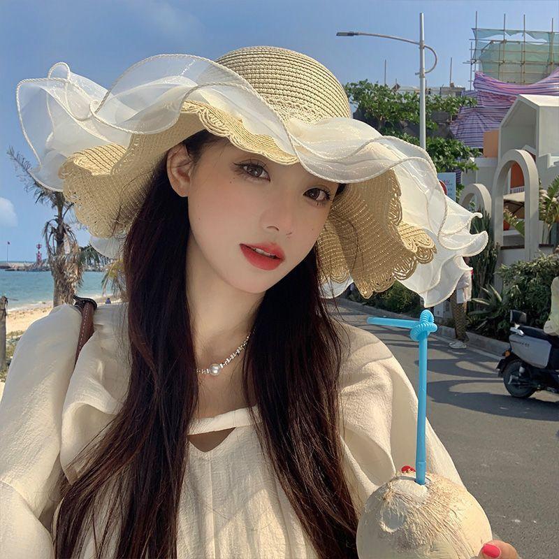 Lace Big Brim Straw Hat Women's Summer Seaside Beach Shade Sunscreen Hat Straw Cover Full Face UV Protection Hat