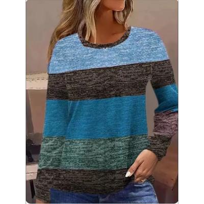 Top cu gât rotund de primăvară și toamnă, cu dungi 3D, cu blocuri de culoare, imprimat, la modă, casual, cu mâneci lungi, pentru femei