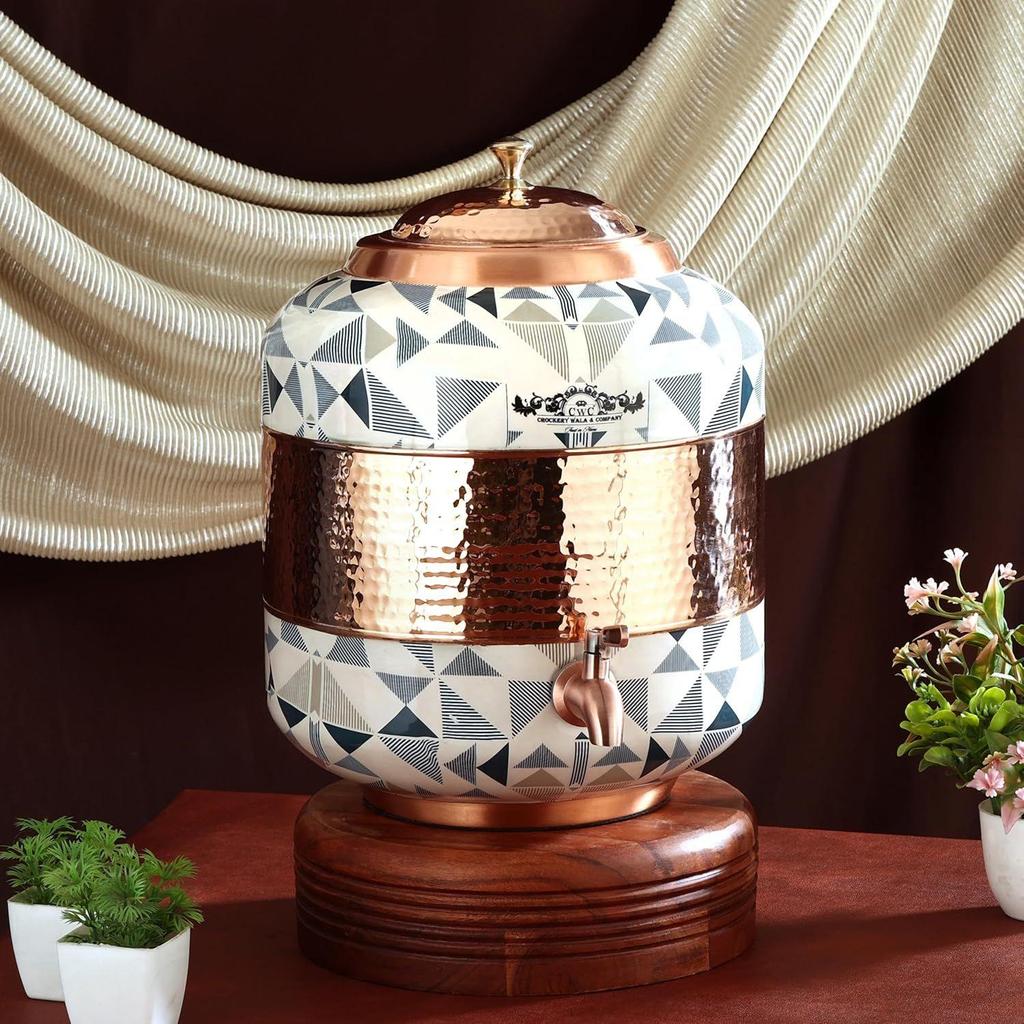 Copper Water Dispenser, Decorative Damask Pattern, Leak-Proof Tap, Heavy Weight (Blue, 14 Litres)