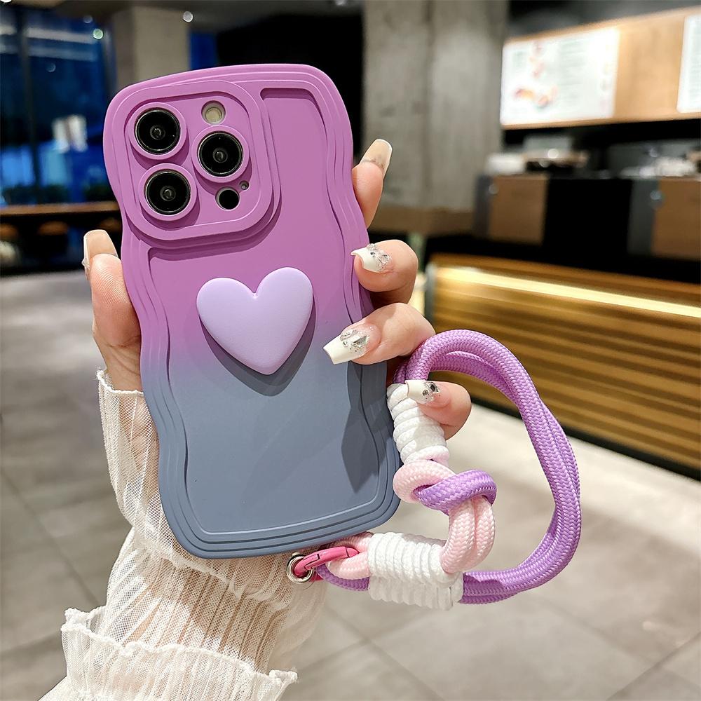 Cartoon Love Heart Gradient Lanyard Case for For Iphone 16 1 14 17 Pro Max Air Plus 12 13 11 Xr Xs Hand Wrist Strap Wave Soft Cover