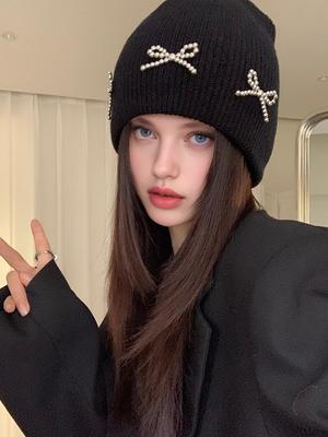 1 Stück Winter Perlen Schleife Strickmütze Koreanischer Outdoor Freizeit Hoodie Warmer Gehörschutz Strickmützen Beanies Mützen für Damen