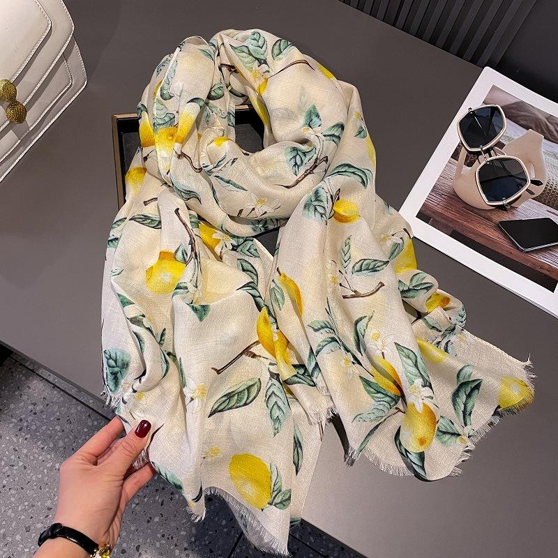 New Fashion Lemon Tree Floral Viscose Soft Scarf Boho Chic Thin Fringe Shawl Women Perfect for Travel & Casual Muslim Hijab