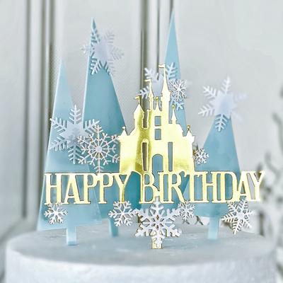 Baking Cake Decoration, Happy Birthday, Snowflake Castle, Cake Plugin, Double-layer, Acrylic, Cake Decoration Card